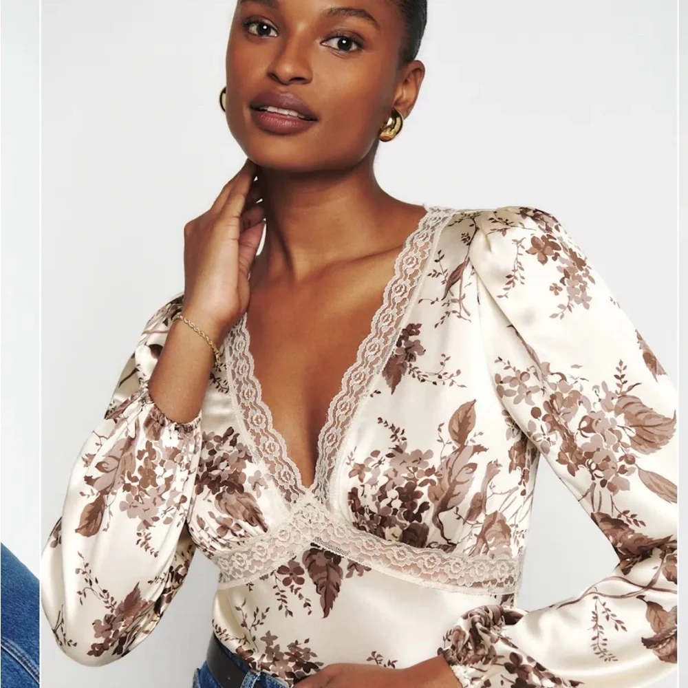 Reformation Cream Satin Floral Lace Trim Blouse